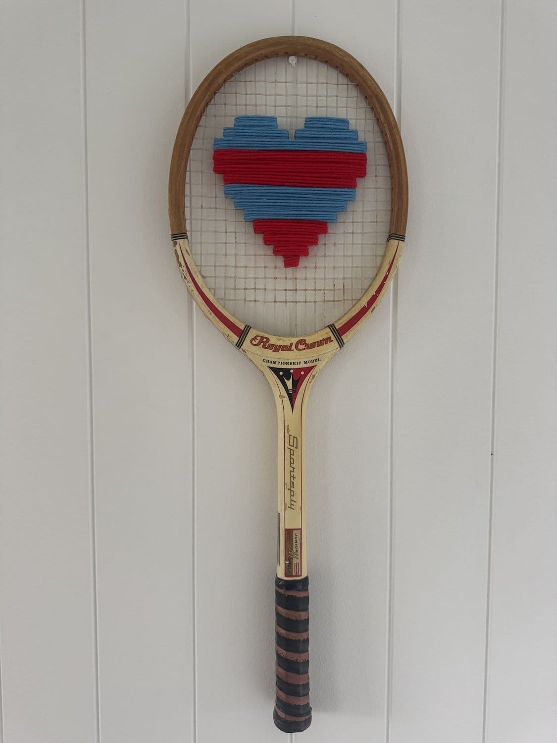 Vintage Tennis Racquet Wall Hanging - Red & Blue Woven Heart