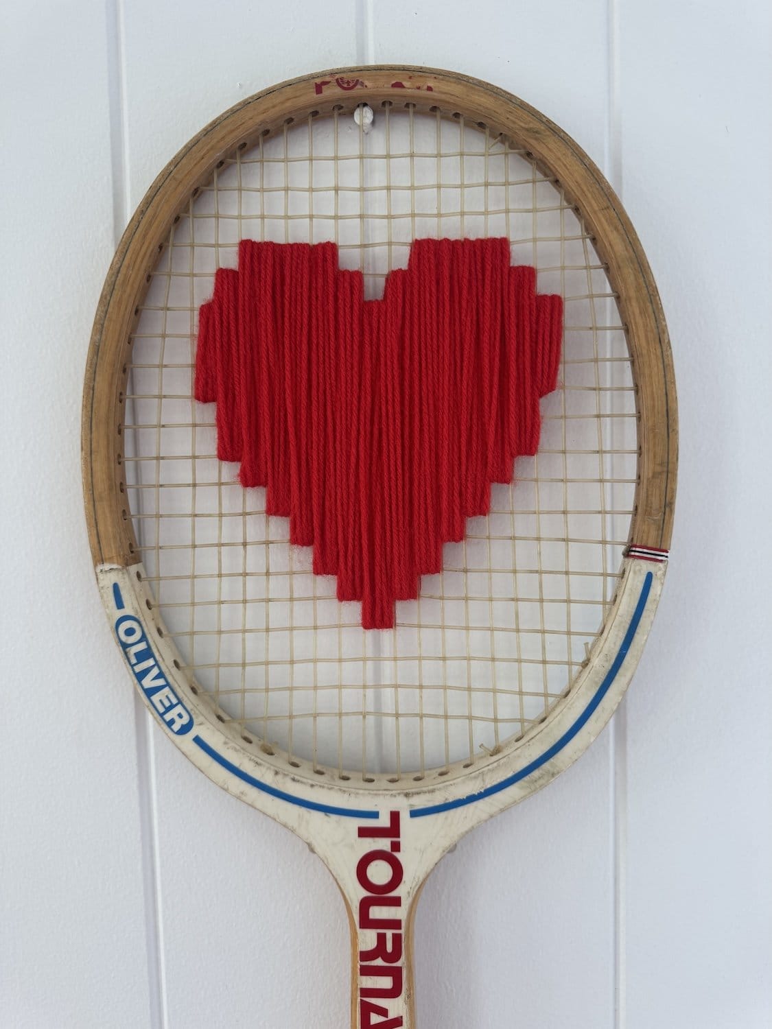 Vintage Tennis Racquet Wall Decor With Red Woven Heart-Wall Hangings-What A Racquet-Greenhouse Interiors Pty Ltd