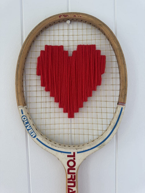 Vintage Tennis Racquet Wall Decor With Red Woven Heart-Wall Hangings-What A Racquet-Greenhouse Interiors Pty Ltd