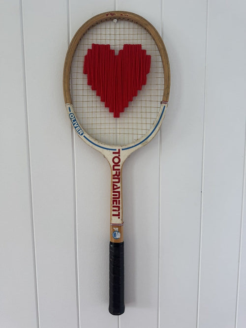 Vintage Tennis Racquet Wall Decor With Red Woven Heart-Wall Hangings-What A Racquet-Greenhouse Interiors Pty Ltd