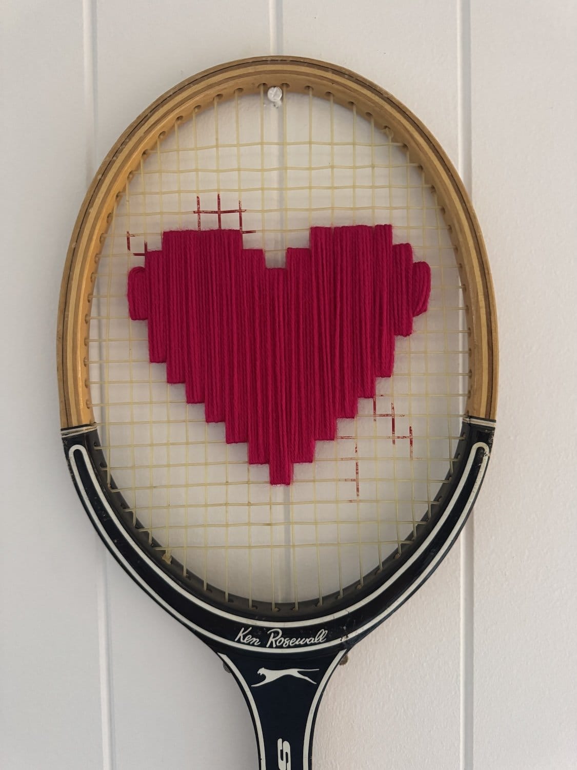 Vintage Tennis Racquet With Dark Pink Woven Heart-Wall Hangings-What A Racquet-Greenhouse Interiors Pty Ltd