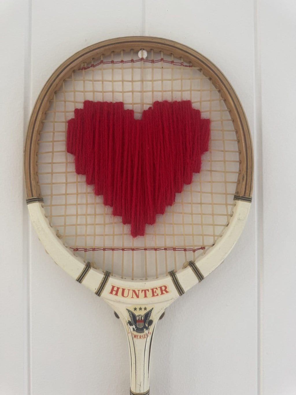 Vintage Squash Racquet Wall Hanging With Woven Heart - Rosy Red