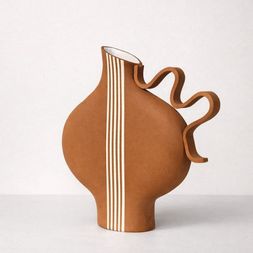 Terracotta Striped Vessel With A Wiggle Handle-Ceramics-Formantics-Greenhouse Interiors Pty Ltd