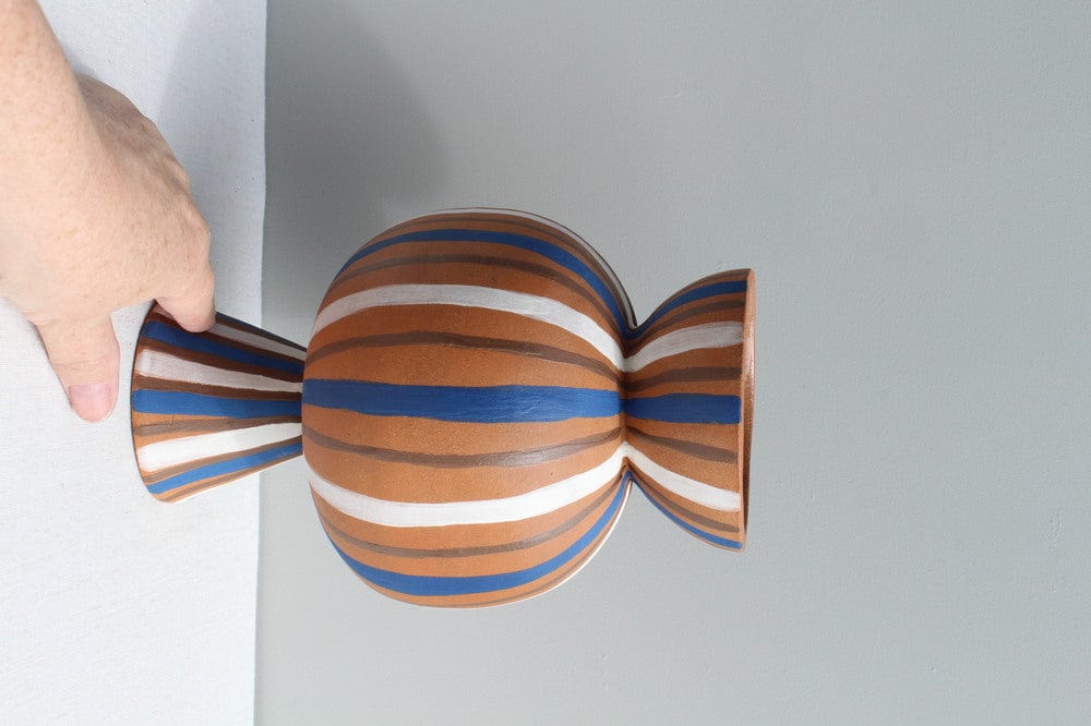 Chubby Blue And White Striped Terracotta Vessel