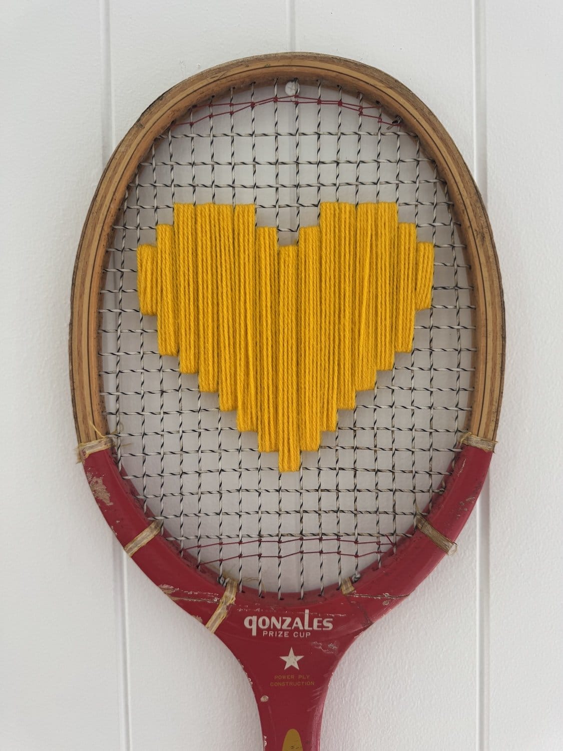 Vintage Tennis Racquet Wall Hanging With Woven Heart - Yellow-Wall Hangings-What A Racquet-Greenhouse Interiors Pty Ltd