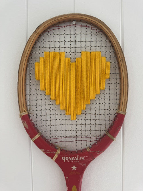 Vintage Tennis Racquet Wall Hanging With Woven Heart - Yellow-Wall Hangings-What A Racquet-Greenhouse Interiors Pty Ltd