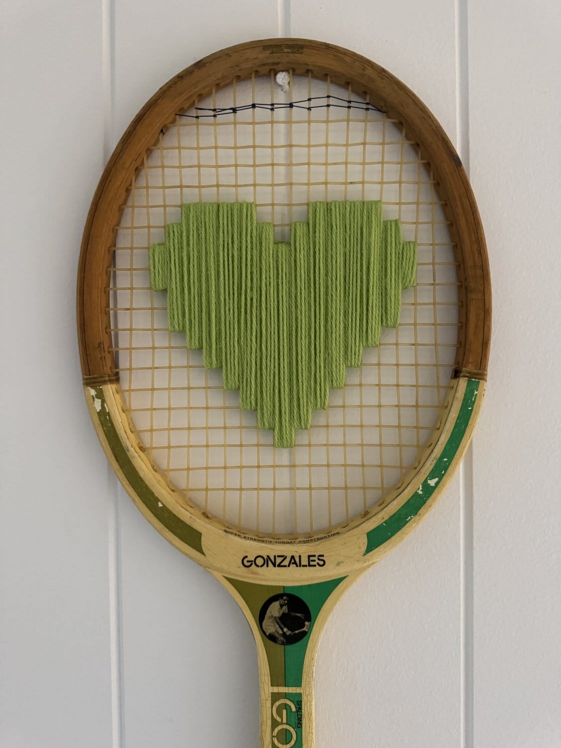 Vintage Tennis Racquet With Green Woven Heart-Wall Hangings-What A Racquet-Greenhouse Interiors Pty Ltd