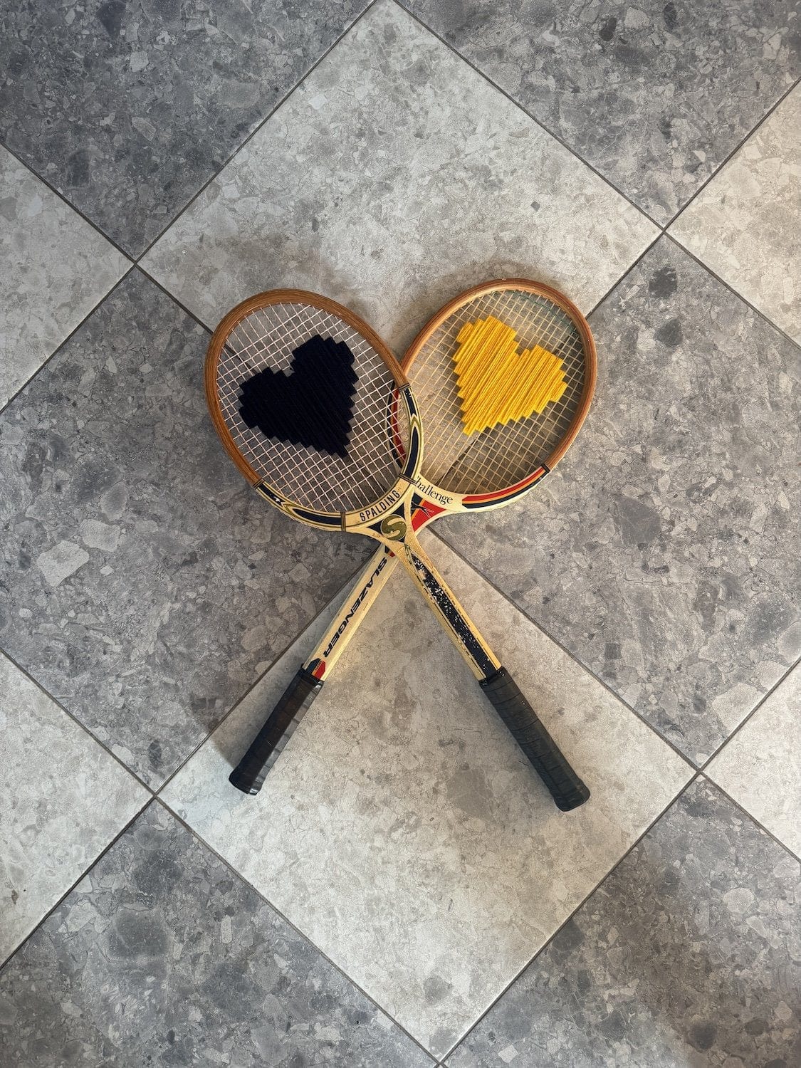 Vintage Tennis Racquet With Woven Heart - Yellow