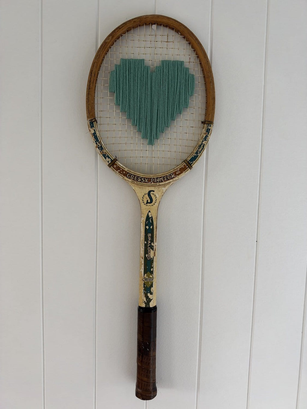 Vintage Tennis Racquet Wall Art - Light Teal Heart
