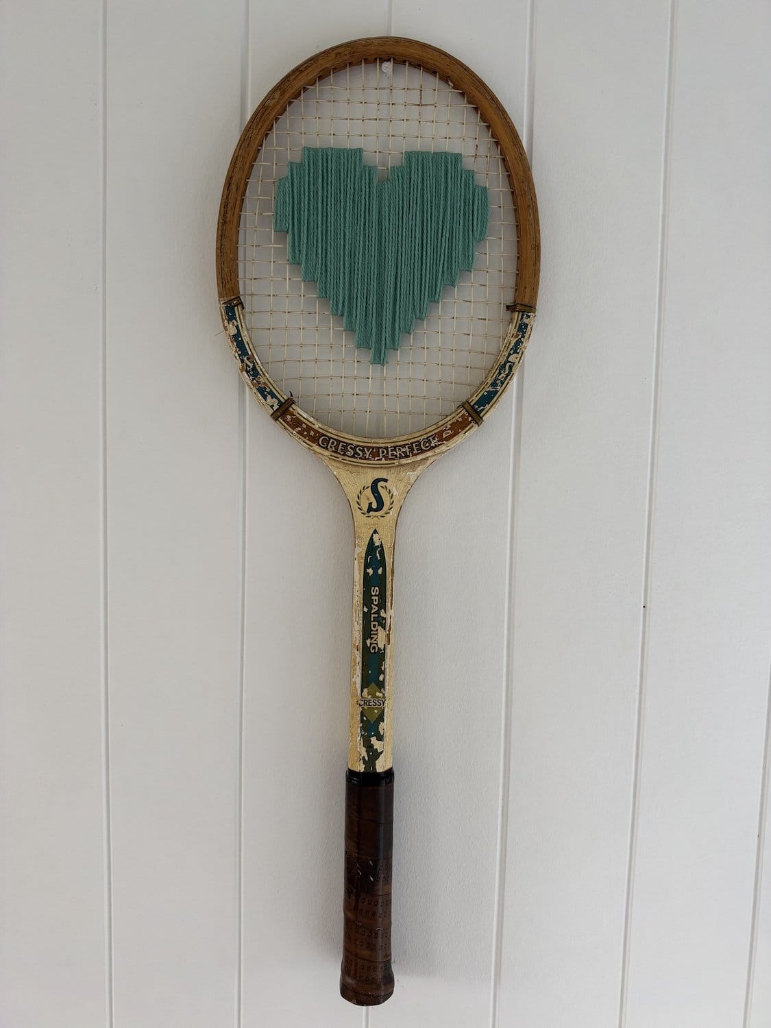 Vintage Tennis Racquet Wall Art - Light Teal Heart