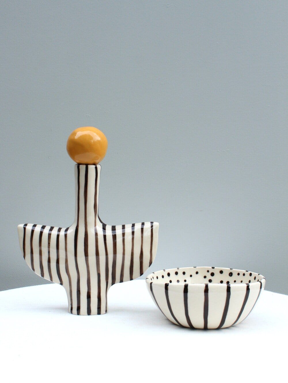 Tiny Dancer With Black And White Stripes And A Mustard Stopper