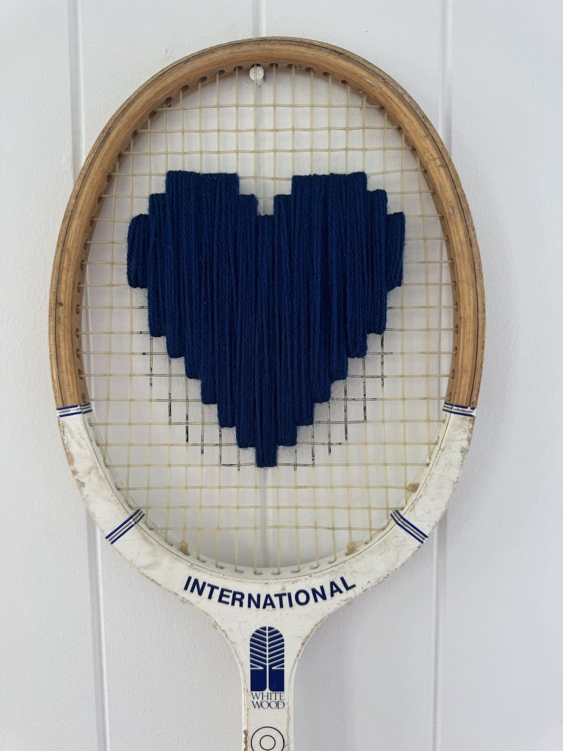 Vintage Tennis Racquet Wall Decor With Navy Blue Woven Heart-Wall Hangings-What A Racquet-Greenhouse Interiors Pty Ltd