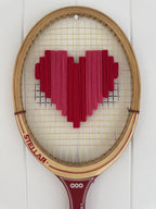 Vintage Tennis Racquet Wall Hanging With Woven Heart - Pink & Red Stripes-Wall Hangings-What A Racquet-Greenhouse Interiors Pty Ltd