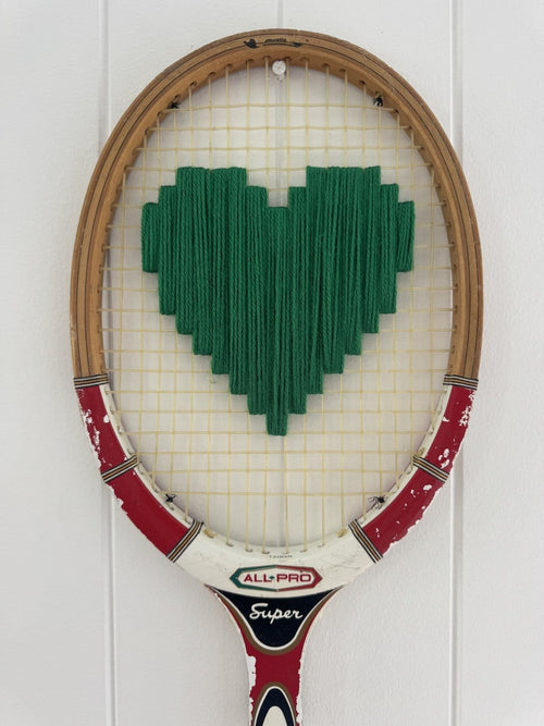 Vintage Tennis Racquet Wall Hanging With Woven Heart - Green-Wall Hangings-What A Racquet-Greenhouse Interiors Pty Ltd