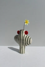 Olive Green Striped Vessel With Red Handles
