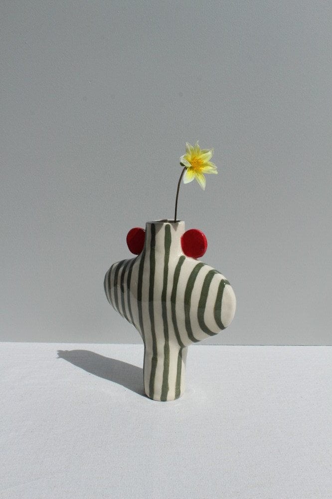 Olive Green Striped Vessel With Red Handles