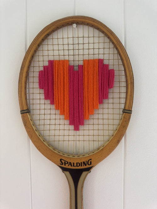 Vintage Tennis Racquet Wall Art - Pink & Orange Heart