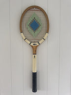 Vintage Tennis Racquet Wall Hanging - Blue & Green Pattern