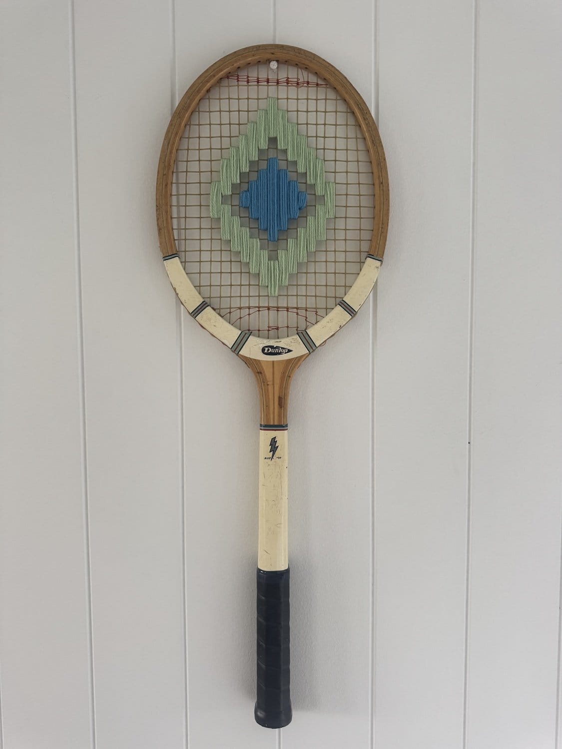 Vintage Tennis Racquet Wall Hanging - Blue & Green Pattern