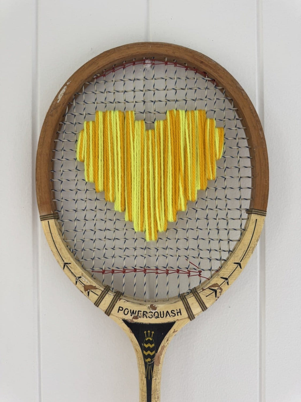 What A Racquet! Vintage Squash Racquet Wall Hanging With Woven Heart - Yellow Multi-Wall Hangings-What A Racquet-Greenhouse Interiors Pty Ltd