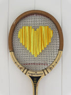What A Racquet! Vintage Squash Racquet Wall Hanging With Woven Heart - Yellow Multi-Wall Hangings-What A Racquet-Greenhouse Interiors Pty Ltd