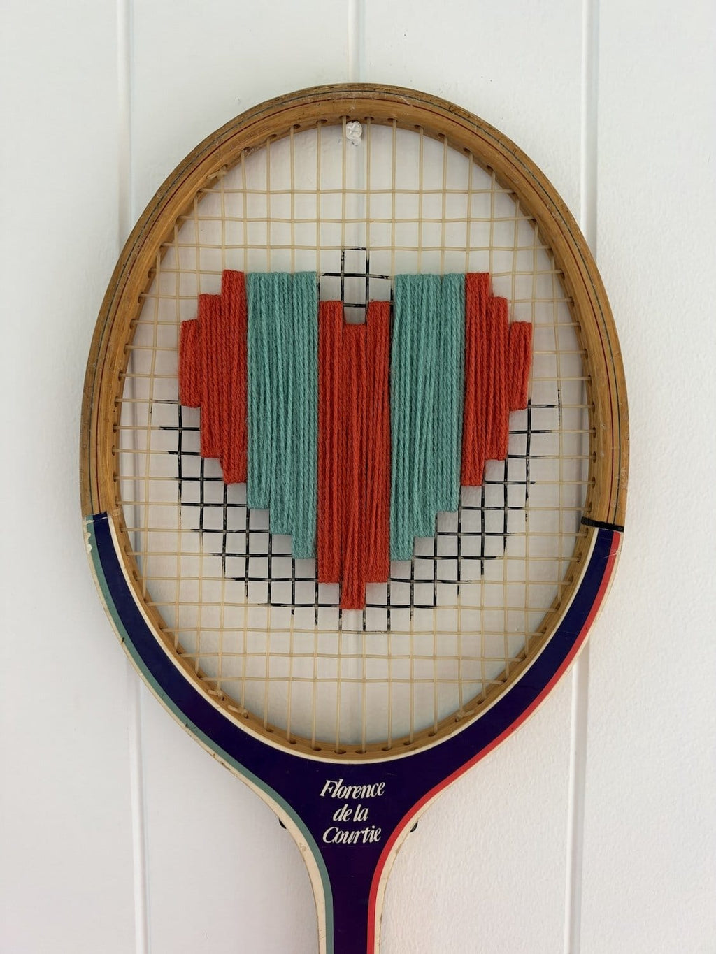 Vintage Tennis Racquet Wall Art - Red & Teal Stripe Heart