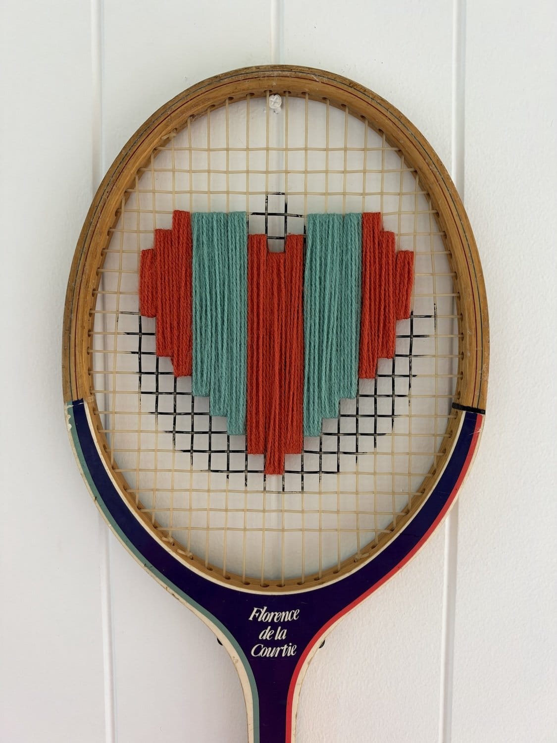 Vintage Tennis Racquet Wall Art - Red & Teal Stripe Heart