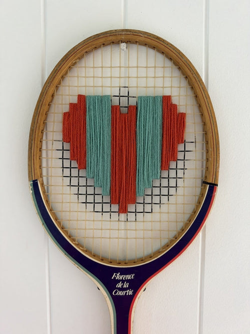 Vintage Tennis Racquet Wall Art - Red & Teal Stripe Heart