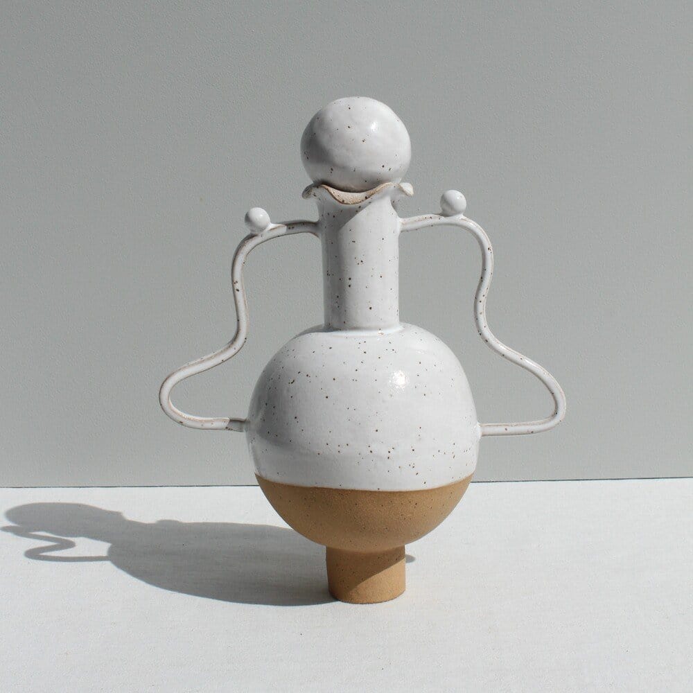White Vessel With Wiggle Handles And A Stopper