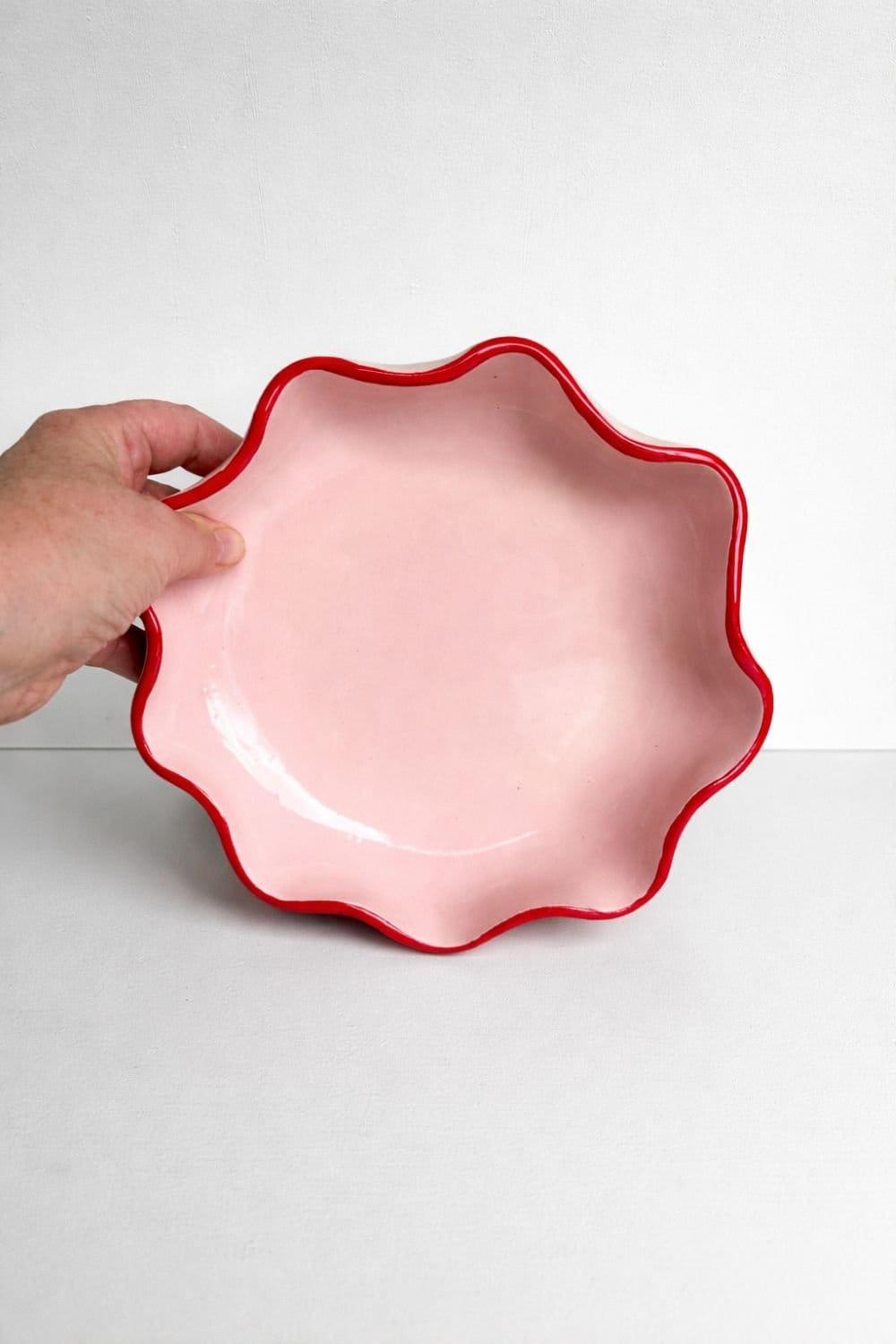 Light Pink Ruffle Bowl With A Burgundy Rim-Ceramics-Formantics-Greenhouse Interiors Pty Ltd