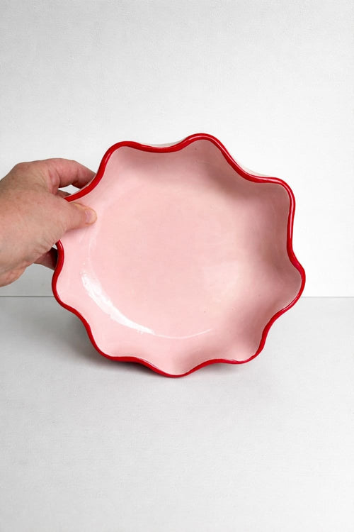 Light Pink Ruffle Bowl With A Burgundy Rim-Ceramics-Formantics-Greenhouse Interiors Pty Ltd