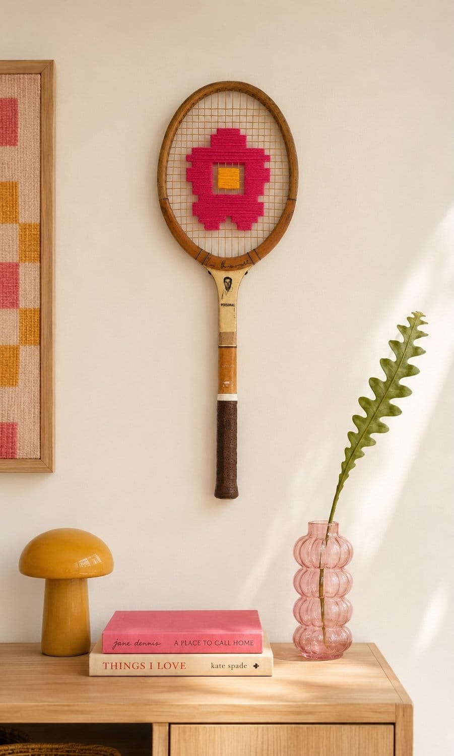 Vintage Tennis Racquet Wall Art - Pink Flower