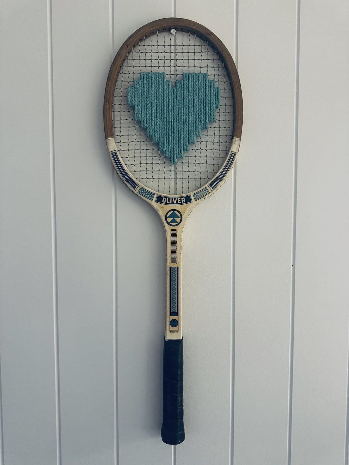 What A Racquet! Vintage Tennis Racquet Wall Hanging With Woven Heart - Teal