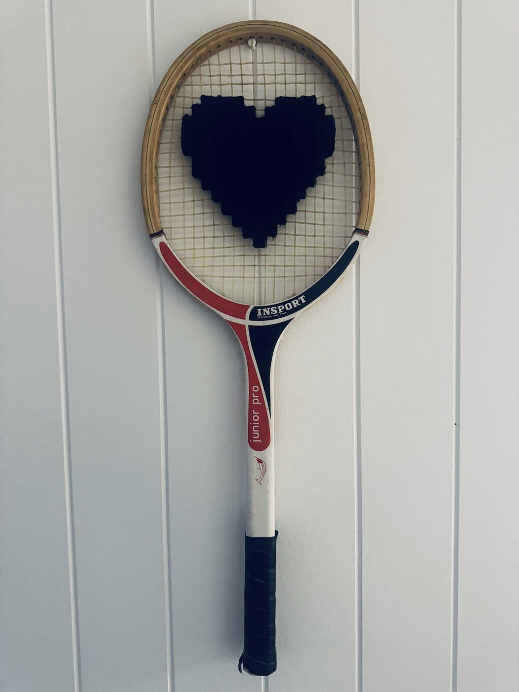 What A Racquet! Vintage Tennis Racquet Wall Hanging With Woven Heart - Black