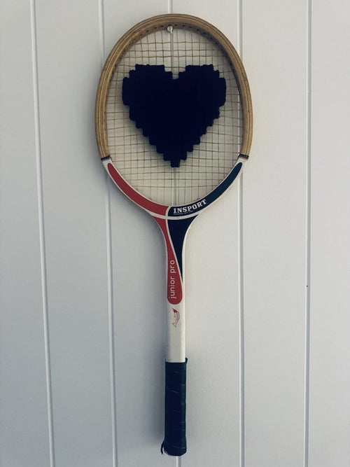 What A Racquet! Vintage Tennis Racquet Wall Hanging With Woven Heart - Black