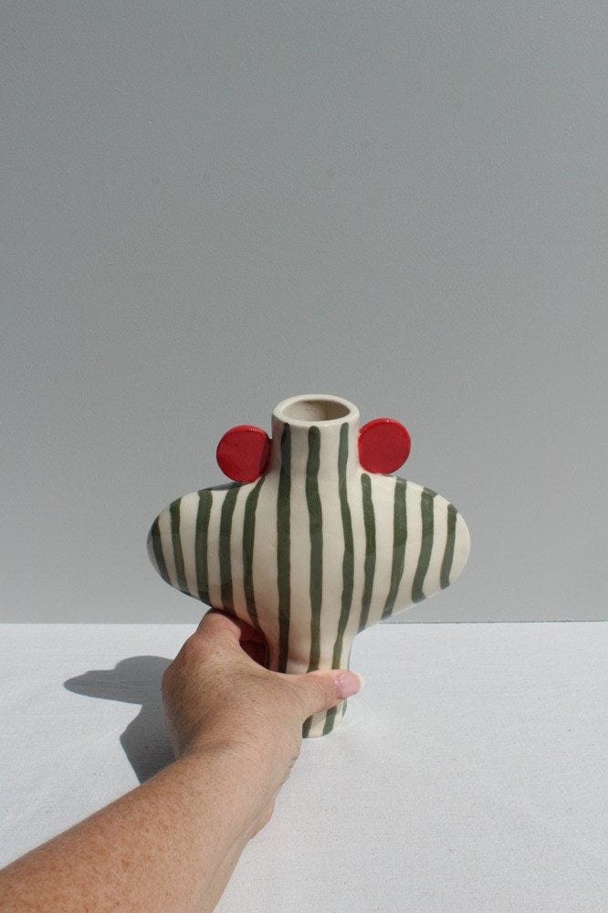 Olive Green Striped Vessel With Red Handles