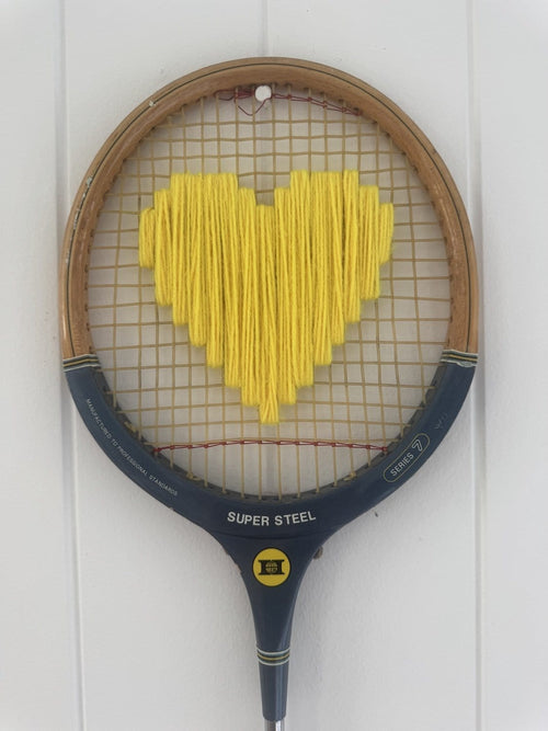 Vintage Squash Racquet Wall Hanging With Woven Heart - Yellow