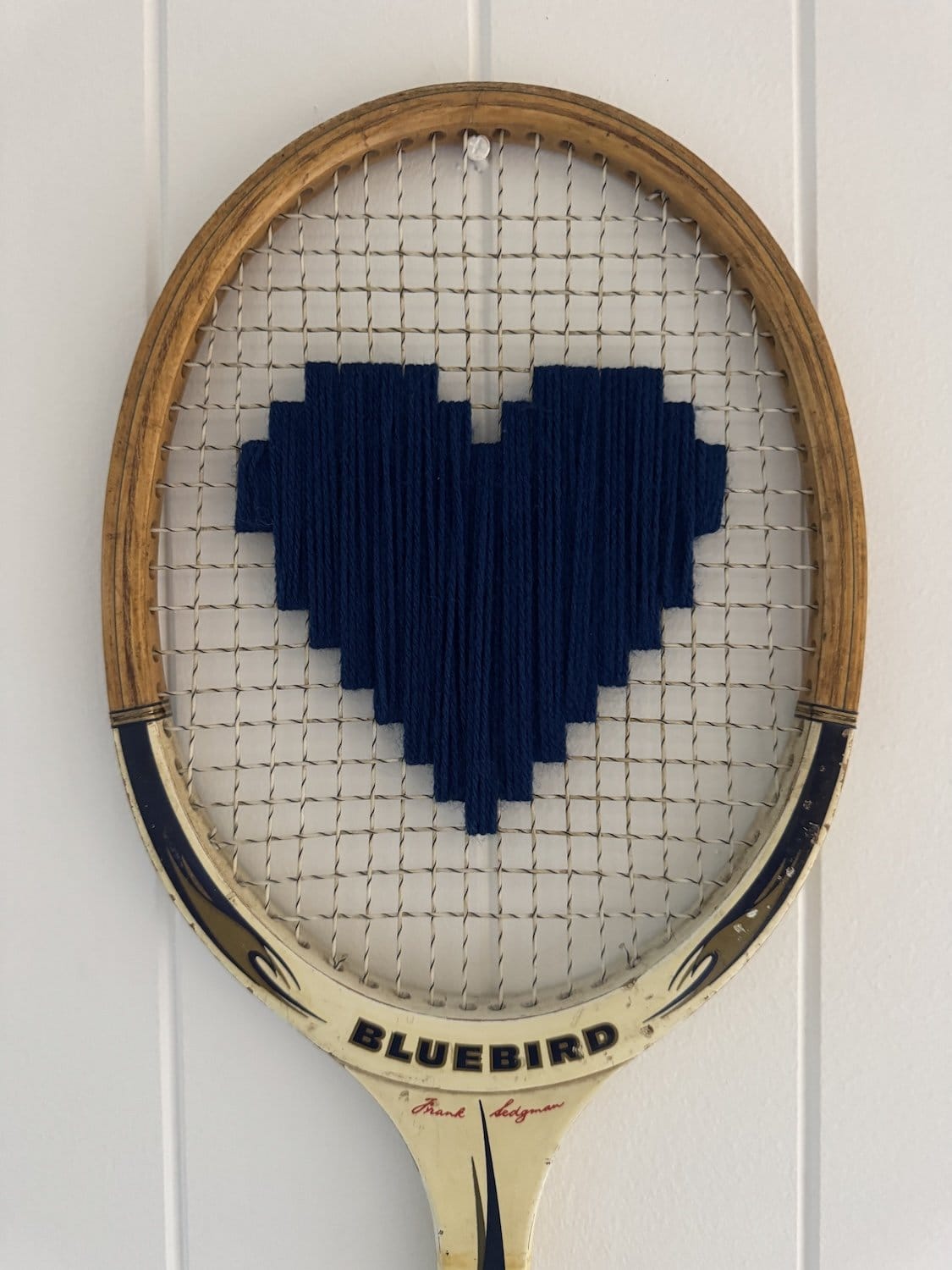 Vintage Tennis Racquet With Navy Blue Woven Heart-Wall Hangings-What A Racquet-Greenhouse Interiors Pty Ltd