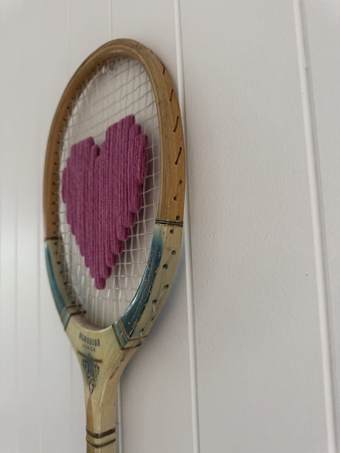 Vintage Tennis Racquet With Pink Woven Heart