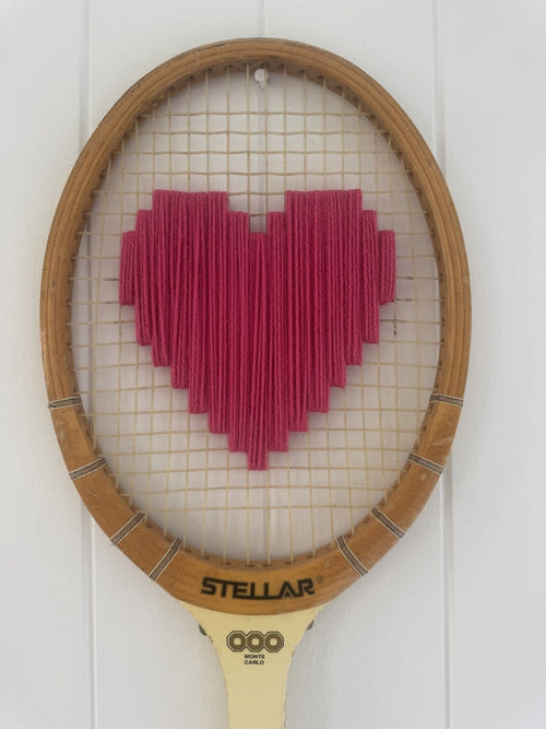 Vintage Tennis Racquet Wall Hanging With Woven Heart - Pink