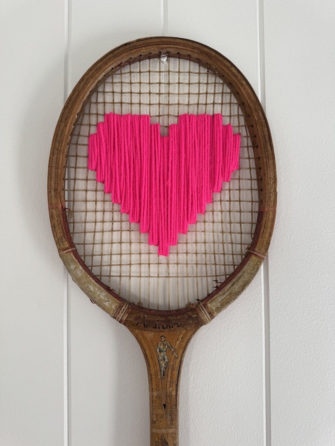 Vintage Tennis Racquet With Woven Heart - Bright Pink