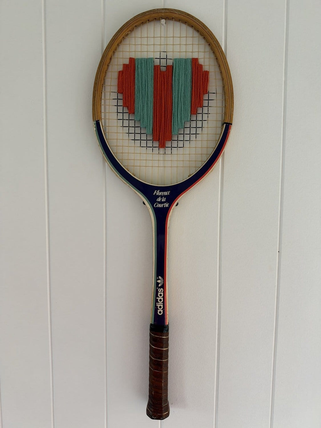 Vintage Tennis Racquet Wall Art - Red & Teal Stripe Heart