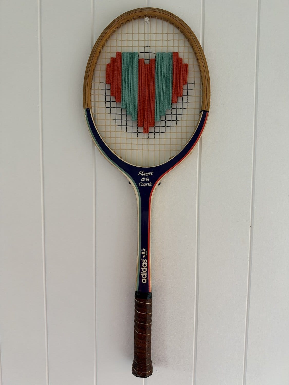 Vintage Tennis Racquet Wall Art - Red & Teal Stripe Heart