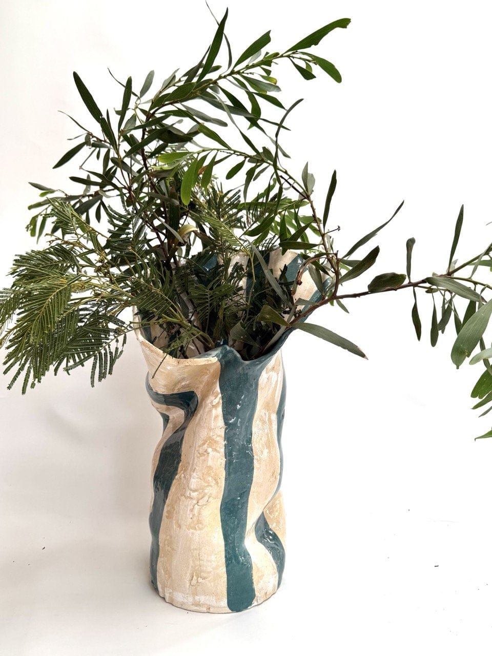 Tall Crush Vase 'Blue/ Green Cream'-Ceramics-Lauren Barton-Greenhouse Interiors Pty Ltd