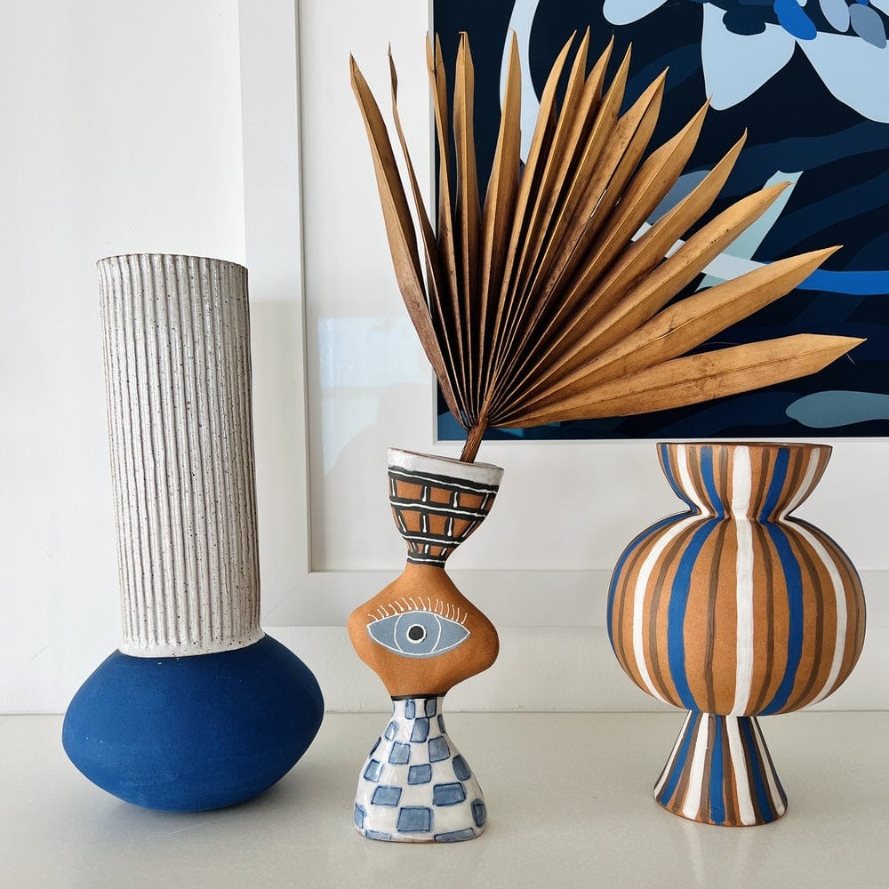Chubby Blue And White Striped Terracotta Vessel