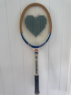 Vintage Tennis Racquet Wall Hanging With Woven Heart - Teal-Wall Hangings-What A Racquet-Greenhouse Interiors Pty Ltd