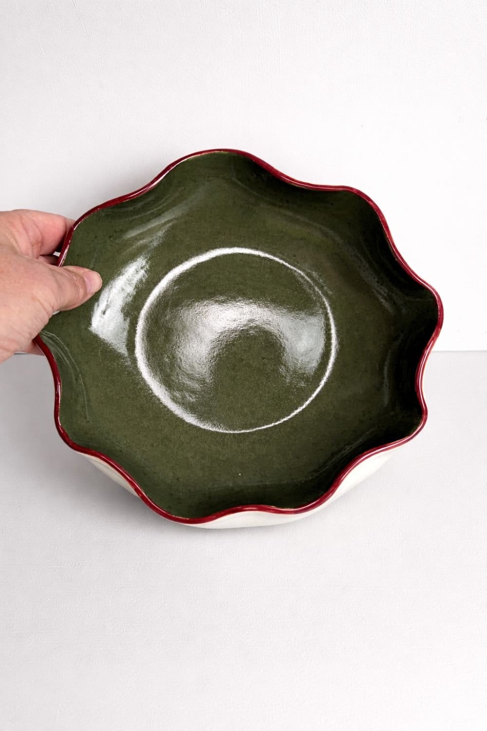 Olive Green Bowl With A Burgundy Rim-Ceramics-Formantics-Greenhouse Interiors Pty Ltd