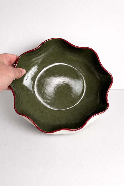 Olive Green Bowl With A Burgundy Rim-Ceramics-Formantics-Greenhouse Interiors Pty Ltd