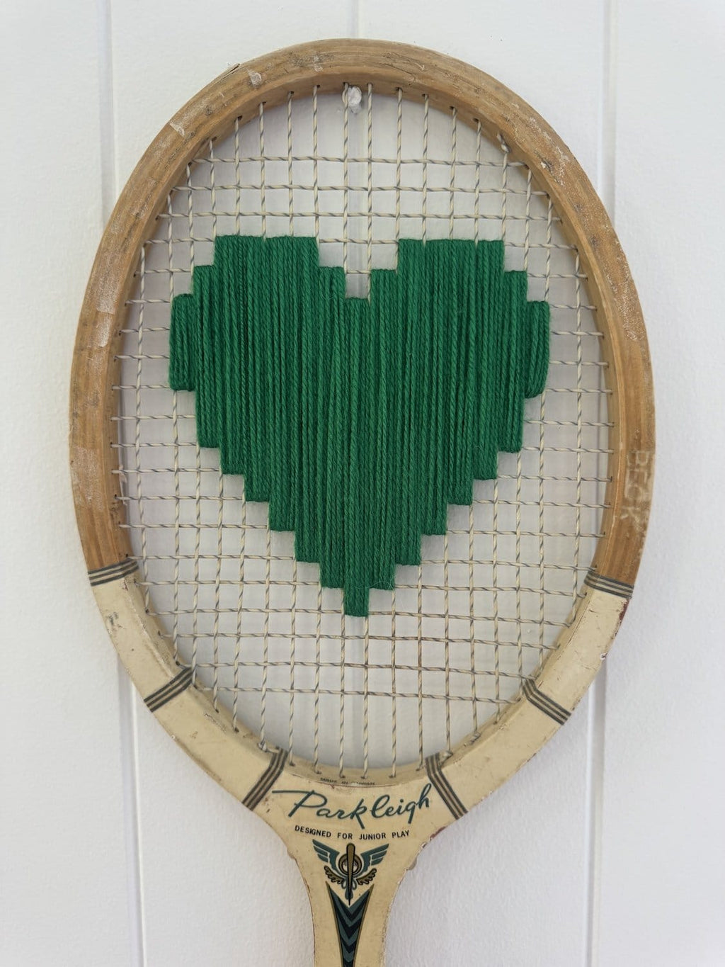 Vintage Tennis Racquet Wall Hanging With Woven Heart - Green-Wall Hangings-What A Racquet-Greenhouse Interiors Pty Ltd