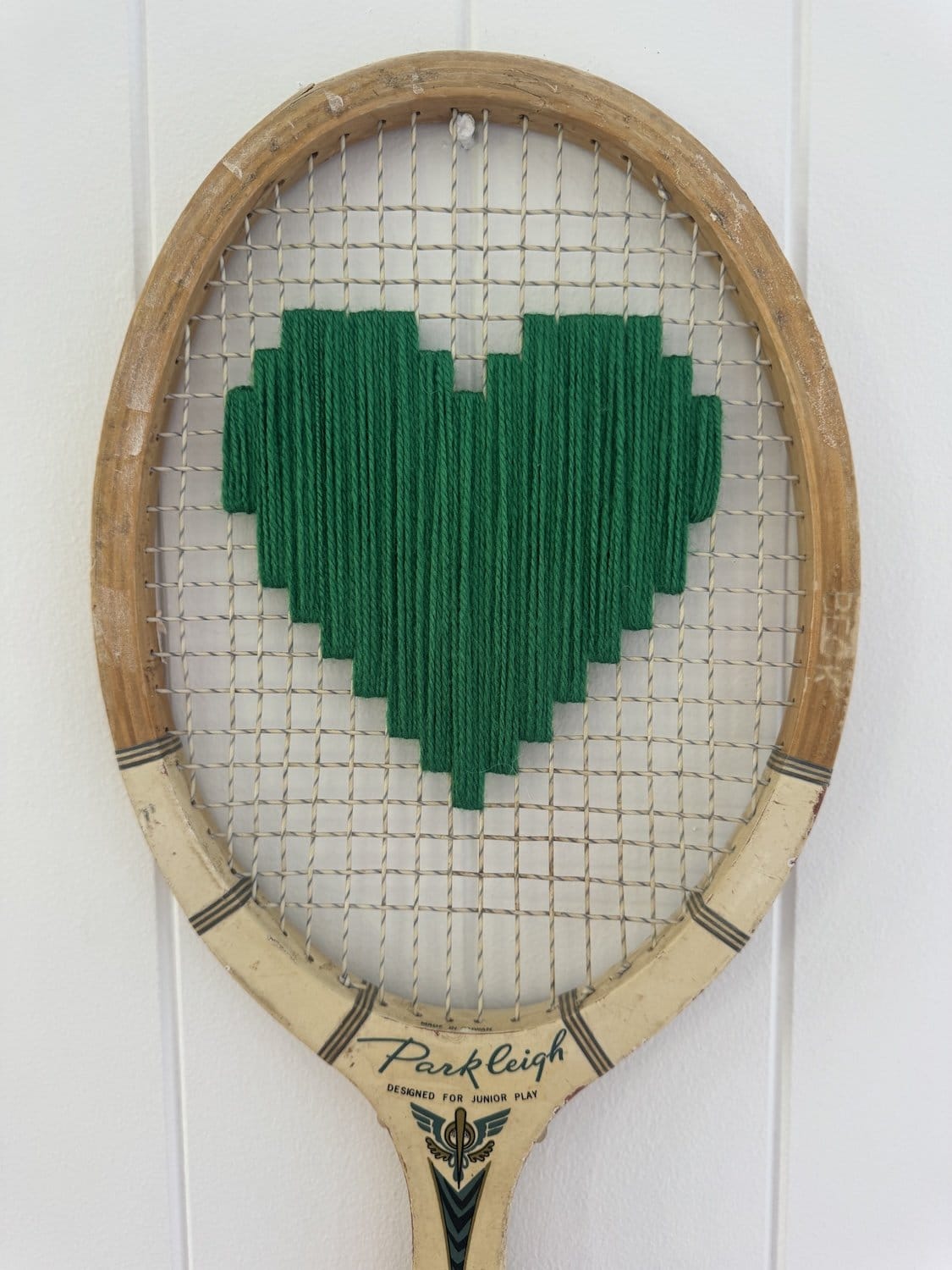 Vintage Tennis Racquet Wall Hanging With Woven Heart - Green-Wall Hangings-What A Racquet-Greenhouse Interiors Pty Ltd